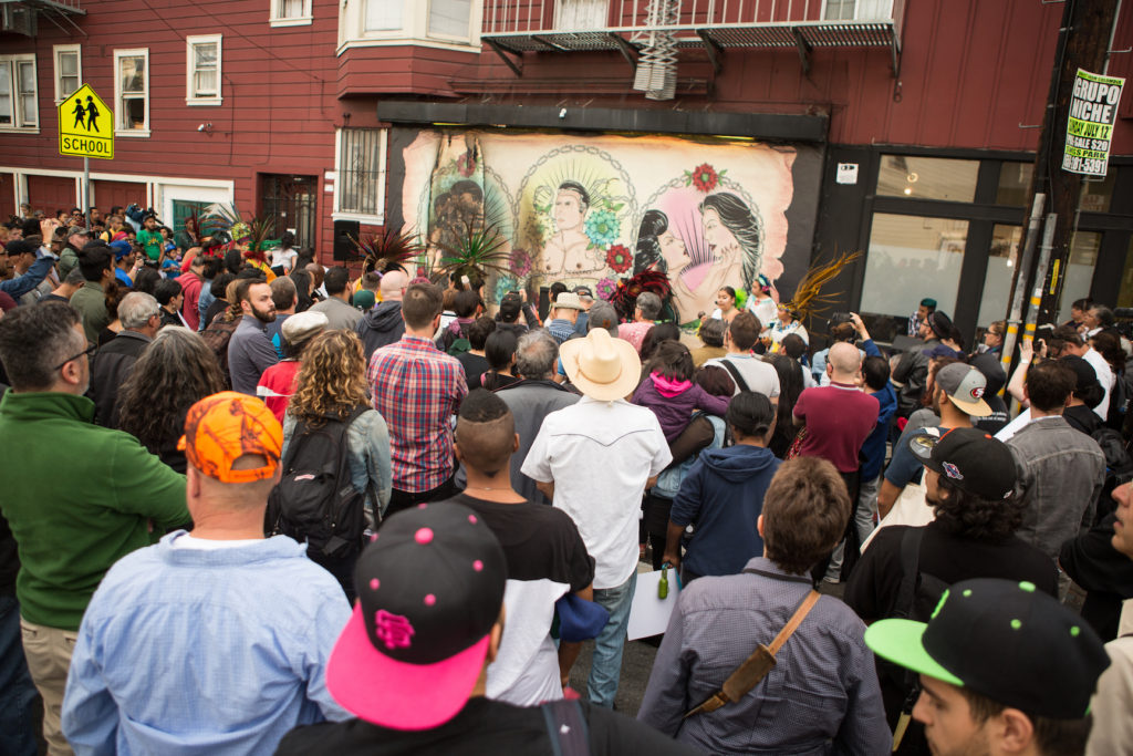 Hundreds of people attended a July 1 rally in support of the vandalized Por Vida mural in the Mission. Photo: Khaled Sayed