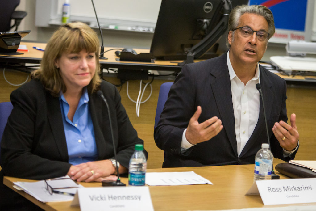 Challenger Vicki Hennessy, left, and San Francisco Sheriff Ross Mirkarimi took part in a candidate debate Monday. Photo: Khaled Sayed